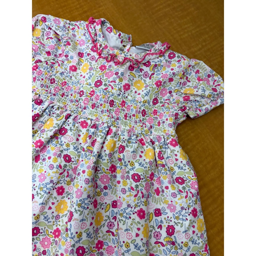 Watch Me Grow Girls Floral Smocked Dress Pink Yellow Short Sleeve Size 2 Year